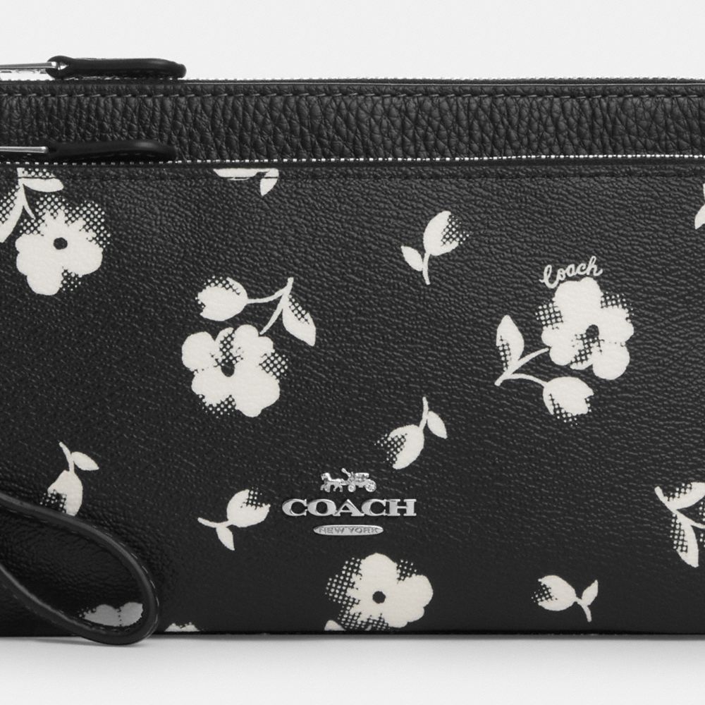 COACH®,PORTEFEUILLE À DOUBLE ZIP AVEC IMPRIMÉ FLORAL,Accessoires de fantaisie imprimé,Argenté/Noir Multi