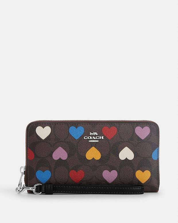 COACH® | Long Zip Around Wallet In Signature Canvas With Heart Print