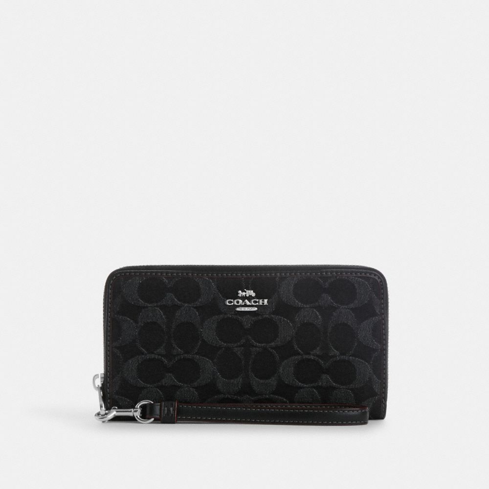 COACH®,LONG ZIP AROUND WALLET IN SIGNATURE DENIM,Denim,Mini,Silver/Black,Front View