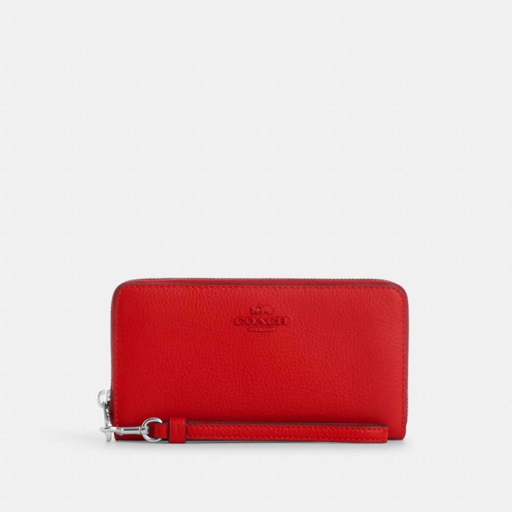 COACH®,LONG ZIP AROUND WALLET,Novelty Leather,Mini,Silver/Bright Poppy,Front View
