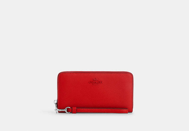 COACH®,LONG ZIP AROUND WALLET,Leather,Mini,Silver/Bright Poppy,Front View