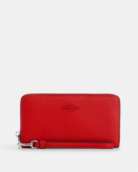 COACH®,LONG ZIP AROUND WALLET,Leather,Mini,Silver/Bright Poppy,Front View