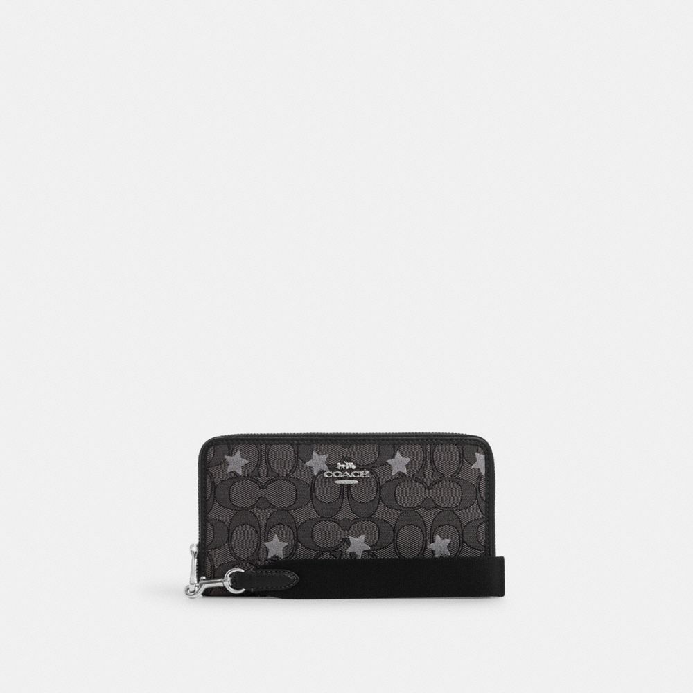 COACH®,DEMPSEY LARGE PHONE WALLET IN SIGNATURE JACQUARD WITH STAR EMBROIDERY,Mini,Silver/Smoke/Black Multi,Front View