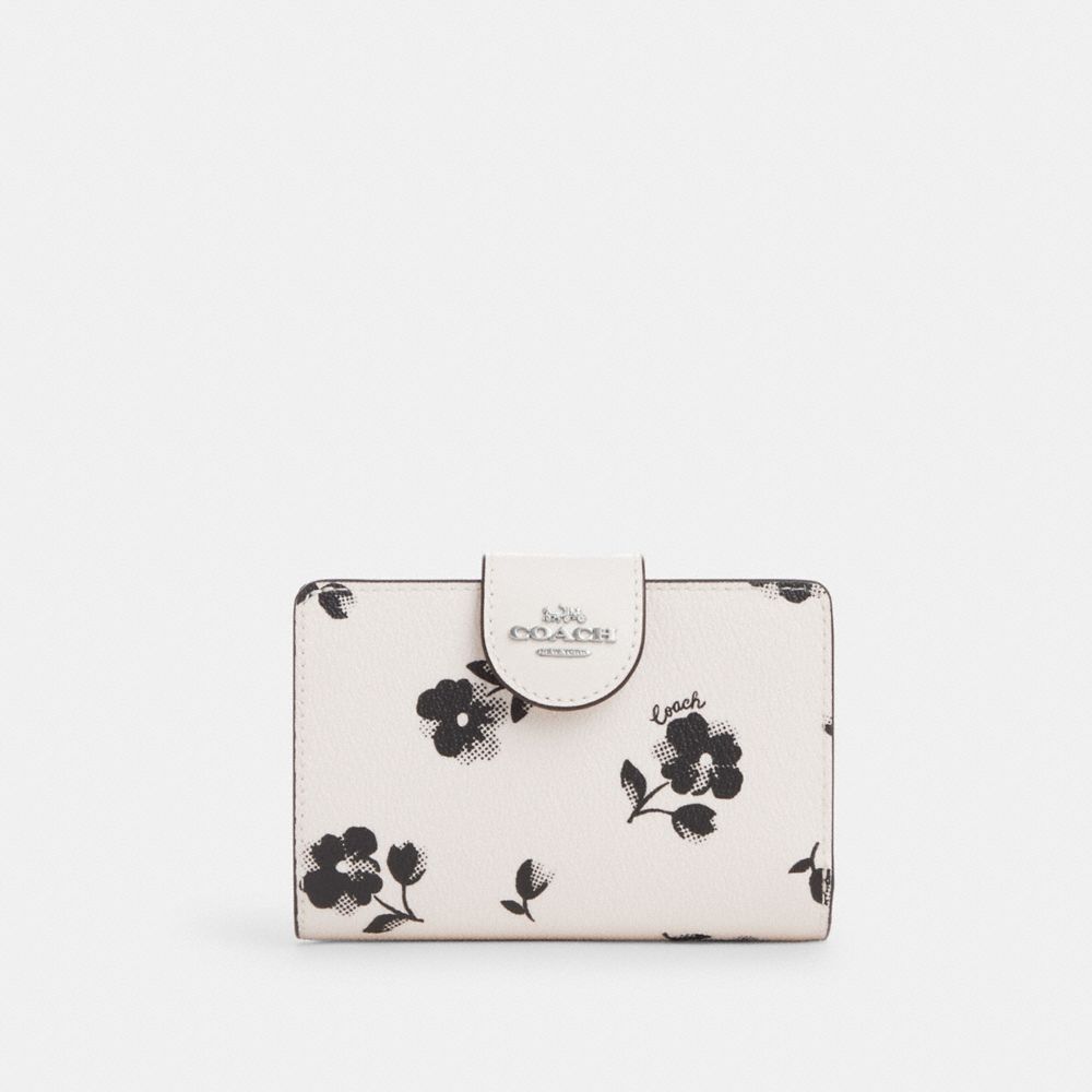 COACH®,MEDIUM CORNER ZIP WALLET WITH FLORAL PRINT,Novelty Print,Mini,Silver/Chalk Multi,Front View