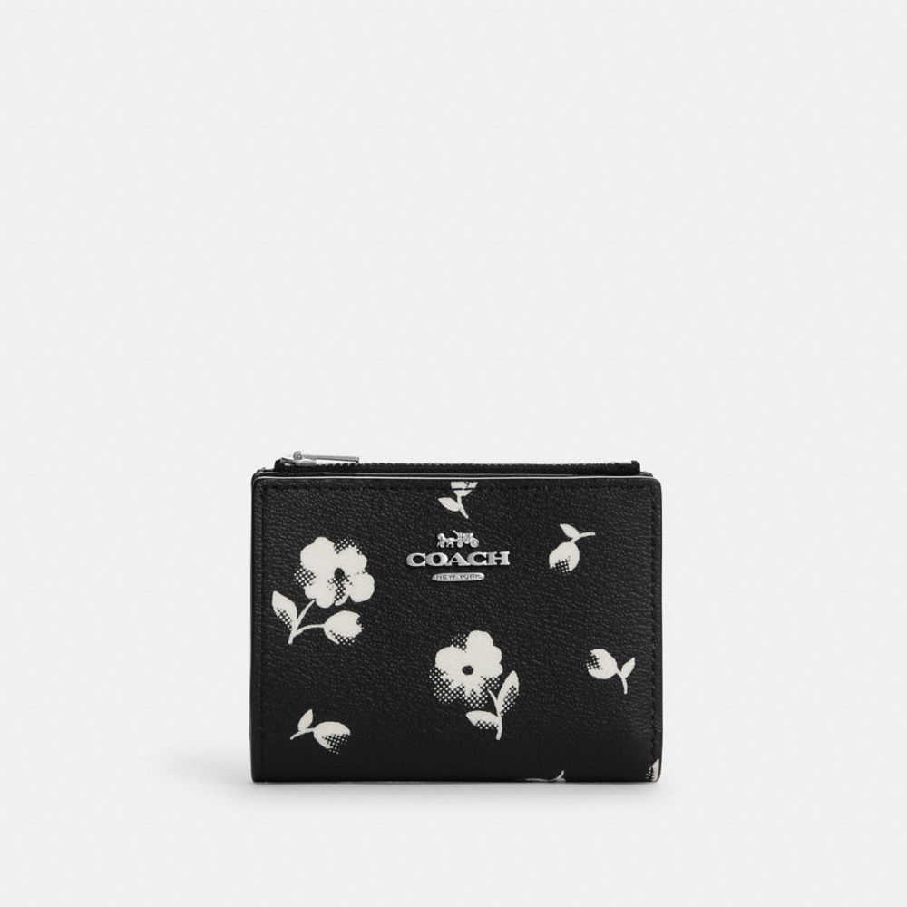 COACH®,BIFOLD WALLET WITH FLORAL PRINT,Novelty Print,Silver/Black Multi,Front View