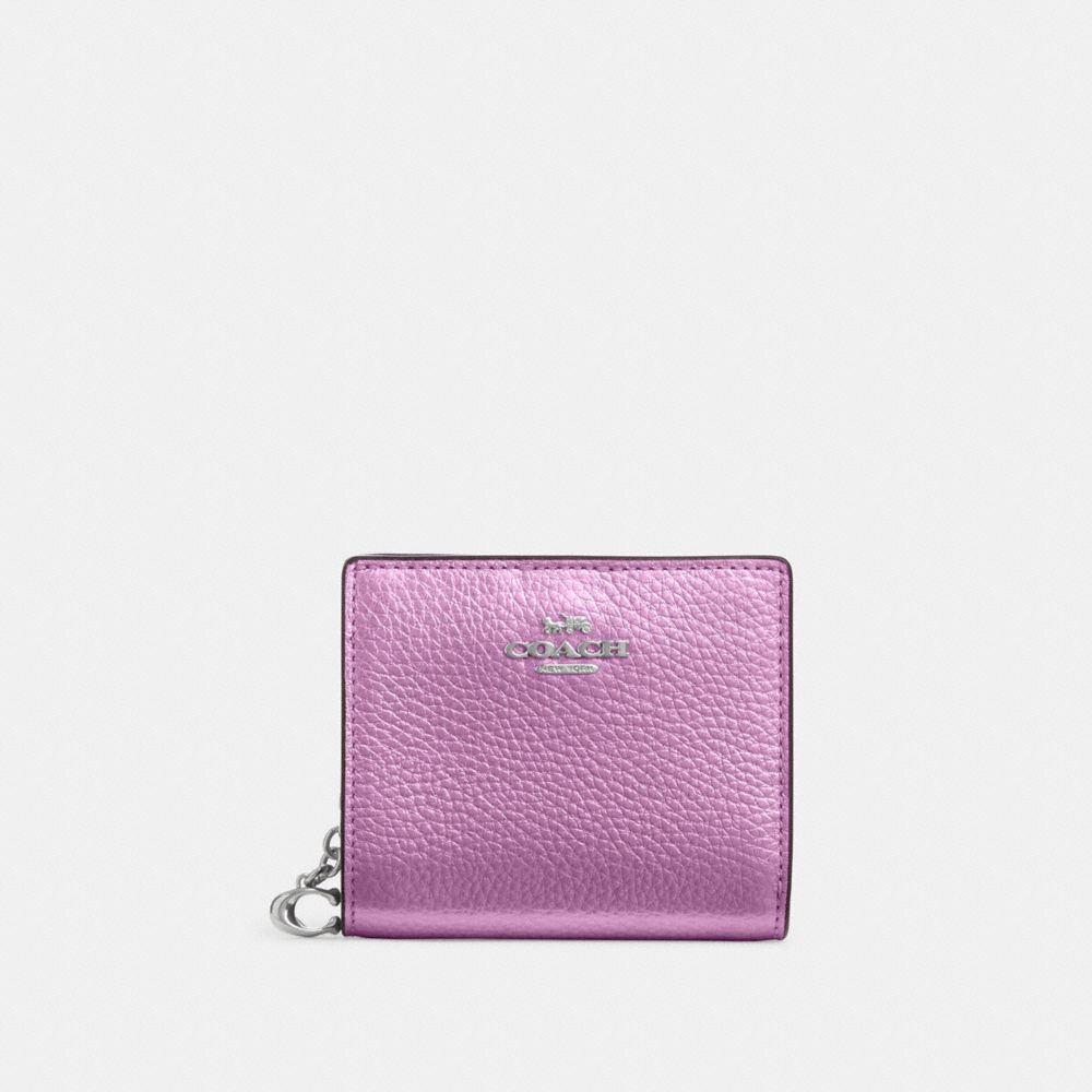 COACH®,SNAP WALLET,Novelty Leather,Mini,Silver/Metallic Lilac,Front View