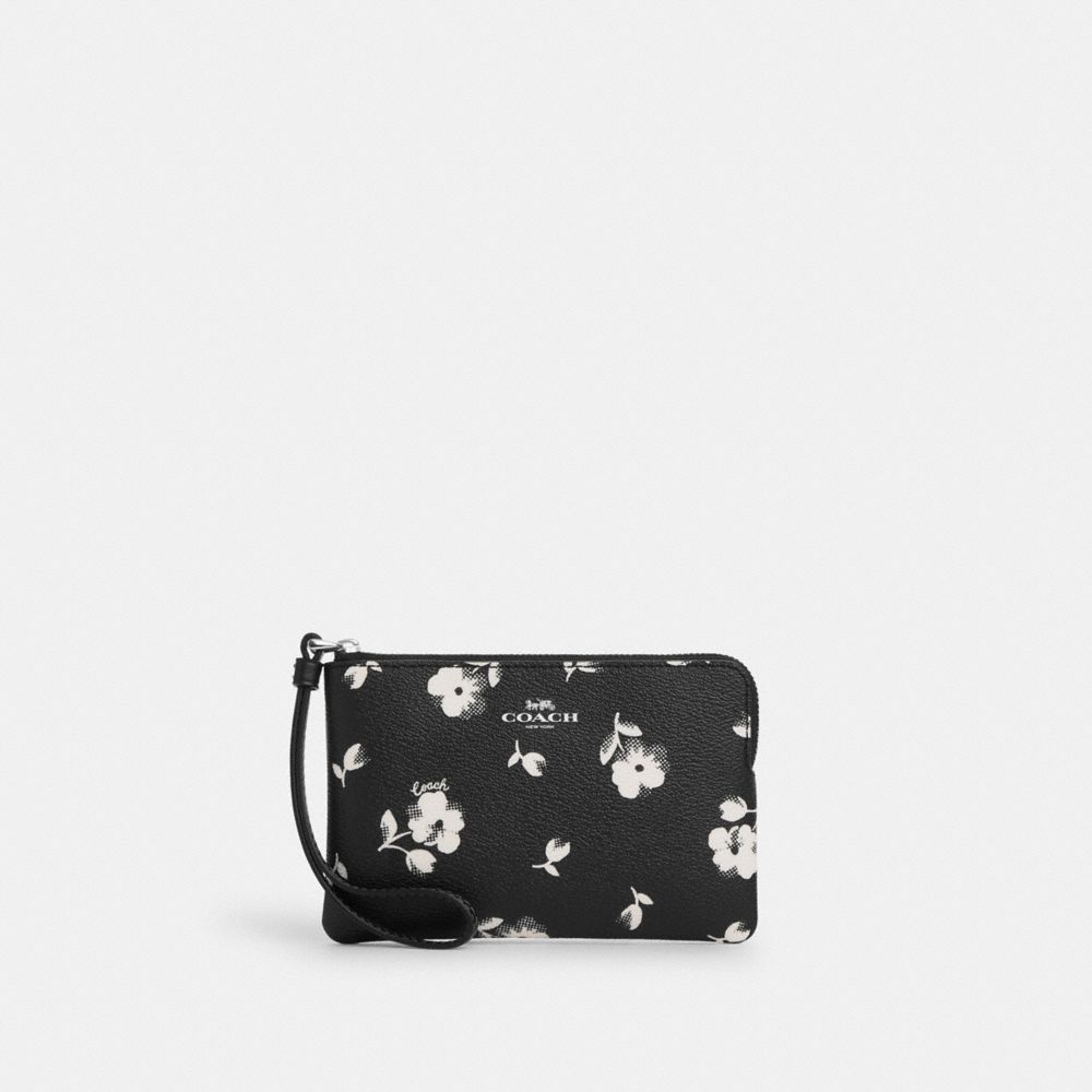 COACH®,WRISTLET À ZIP EN COIN AVEC IMPRIMÉ FLORAL,pvc,Argenté/Noir Multi,Front View