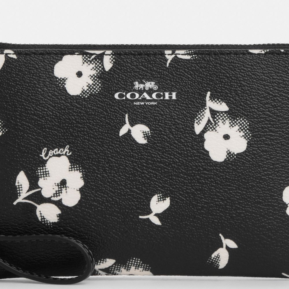 COACH®,CORNER ZIP WRISTLET WITH FLORAL PRINT,Novelty Print,Mini,Silver/Black Multi