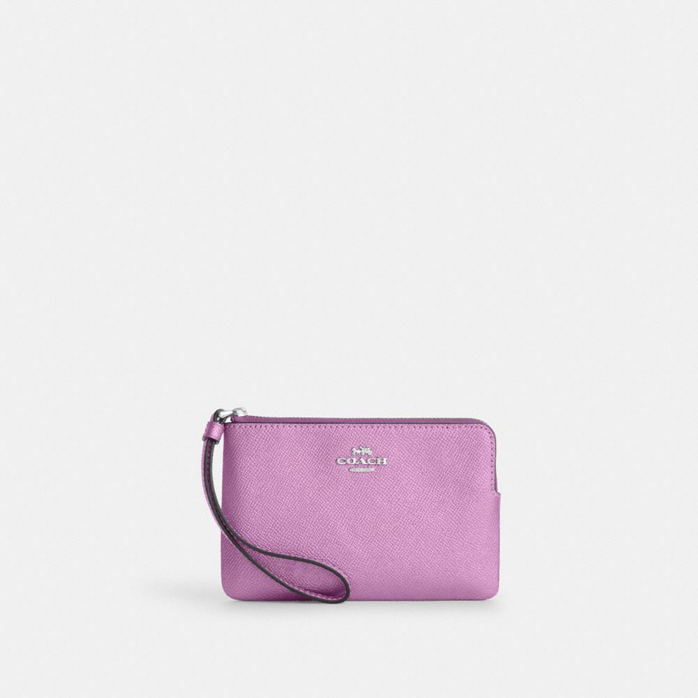 COACH®,CORNER ZIP WRISTLET,Novelty Leather,Small,Silver/Metallic Lilac,Front View