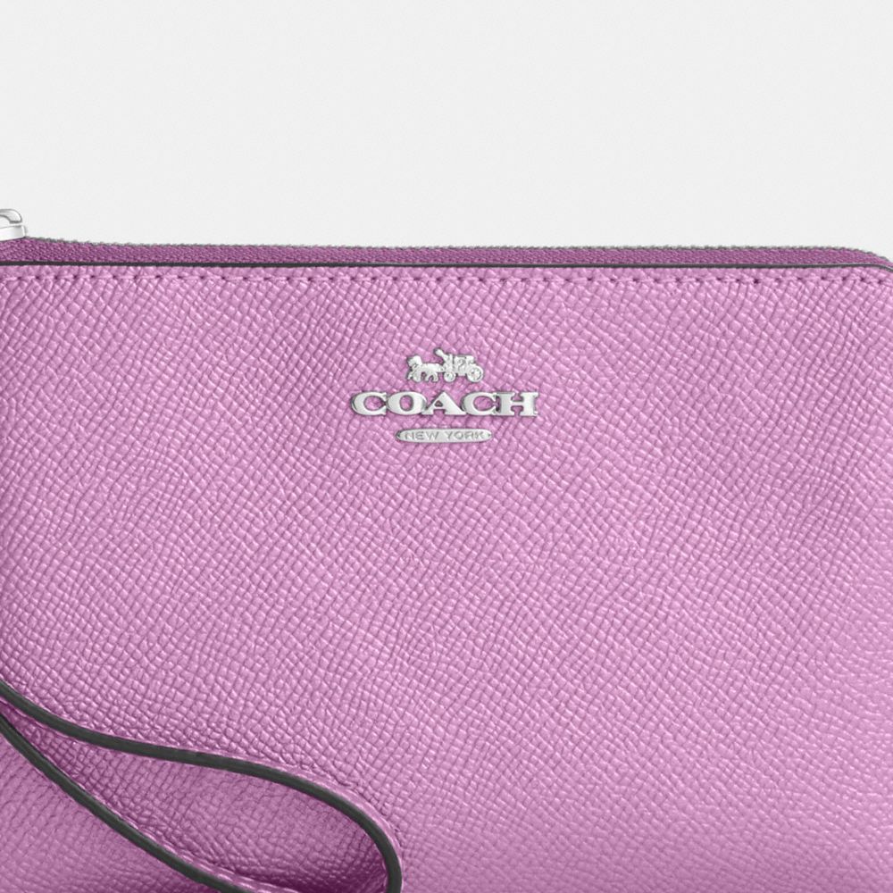 COACH®,CORNER ZIP WRISTLET,Novelty Leather,Small,Silver/Metallic Lilac