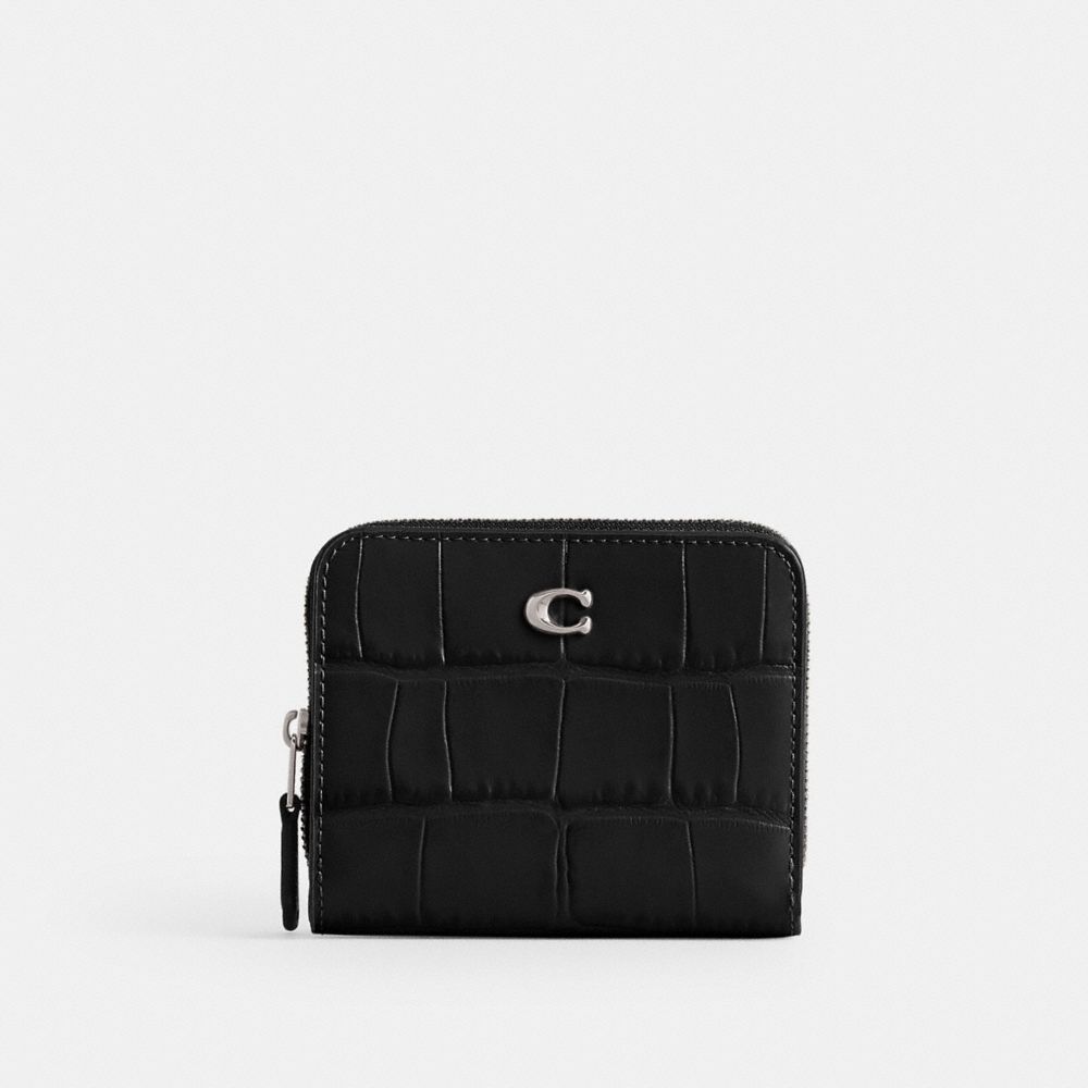 COACH®,PORTEFEUILLE À DEUX VOLETS,cuir façon croco,Argent/Noir,Front View