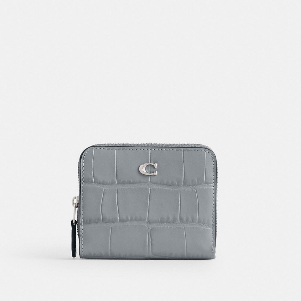 COACH®,BILLFOLD WALLET,croc embossed leather,Mini,Silver/Grey Blue,Front View