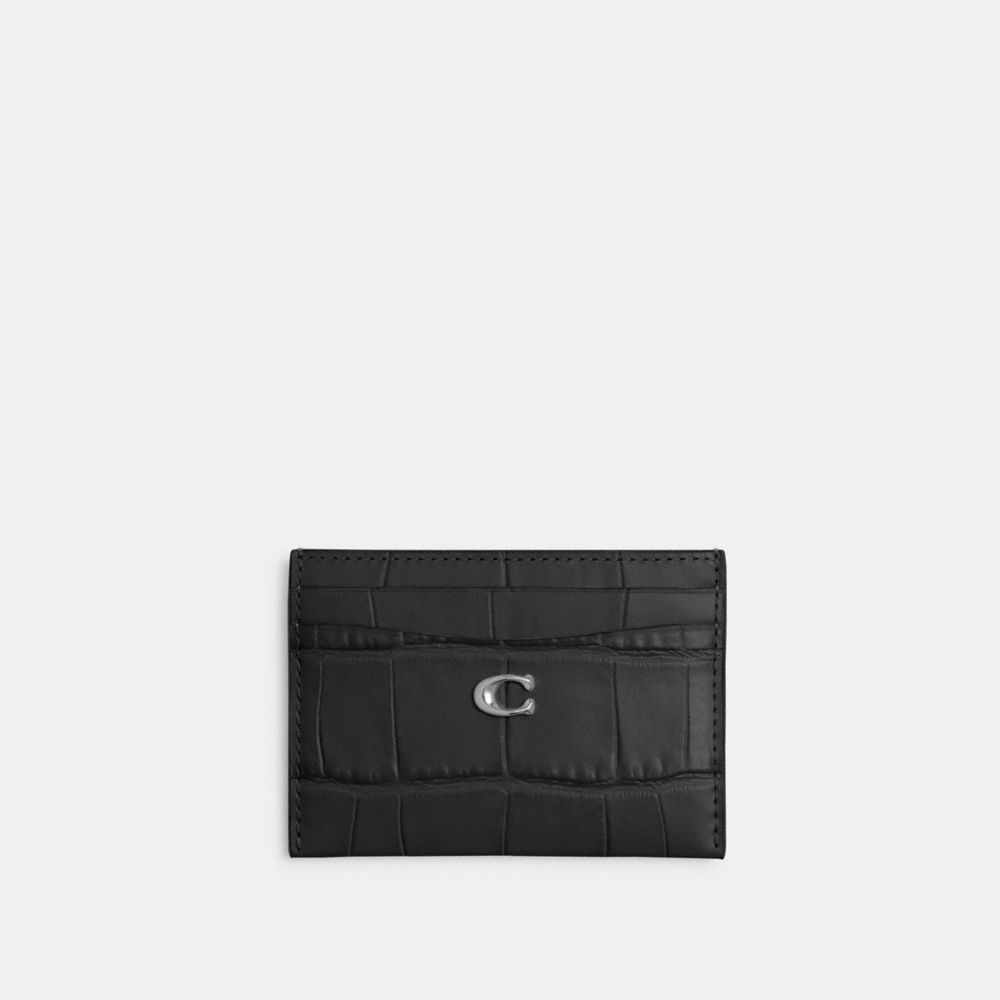 COACH®,ESSENTIAL CARD CASE,croc embossed leather,Silver/Black,Front View