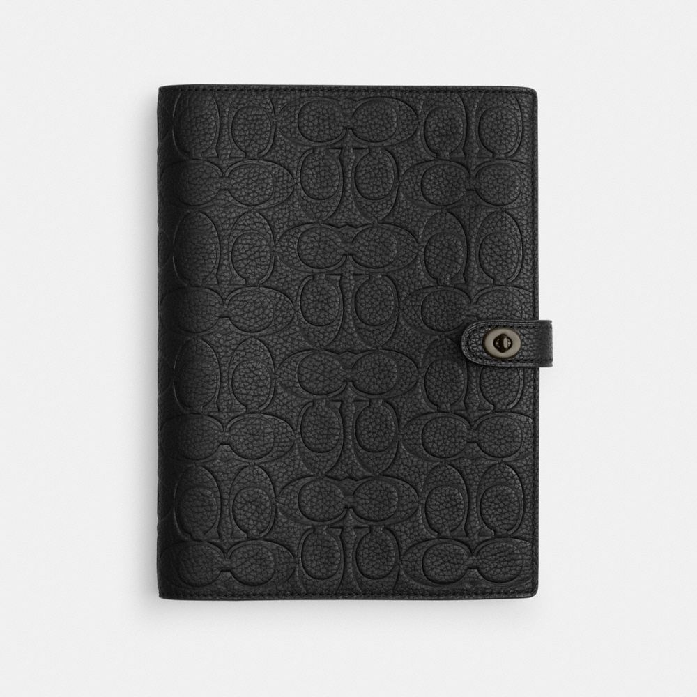 COACH®,NOTEBOOK IN SIGNATURE LEATHER,Polished Pebble Leather,Matte Black/Charcoal/Black,Front View