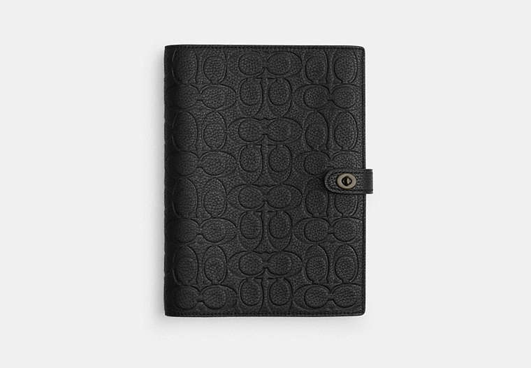 COACH®,NOTEBOOK IN SIGNATURE LEATHER,Polished Pebble Leather,Matte Black/Charcoal/Black,Front View