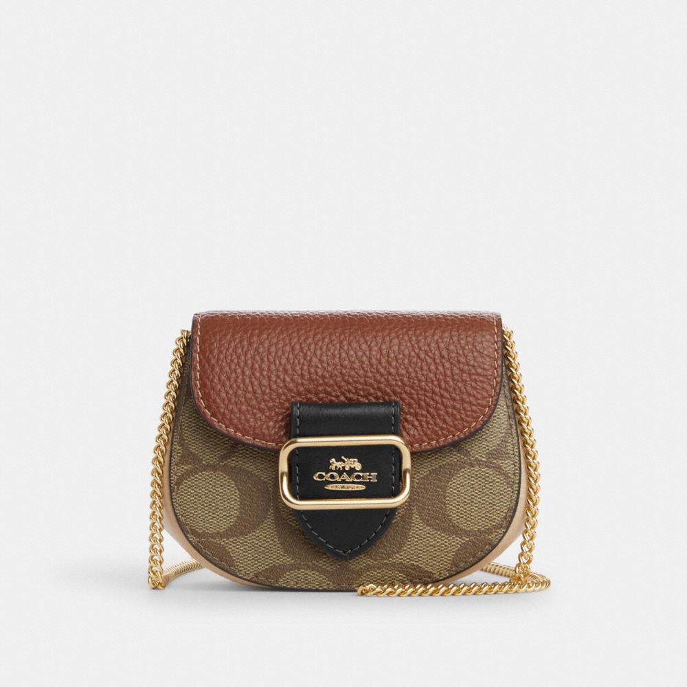 COACH®,MORGAN CARD CASE ON A CHAIN IN COLORBLOCK SIGNATURE CANVAS,Signature Canvas,Mini,Gold/Khaki Multi,Front View