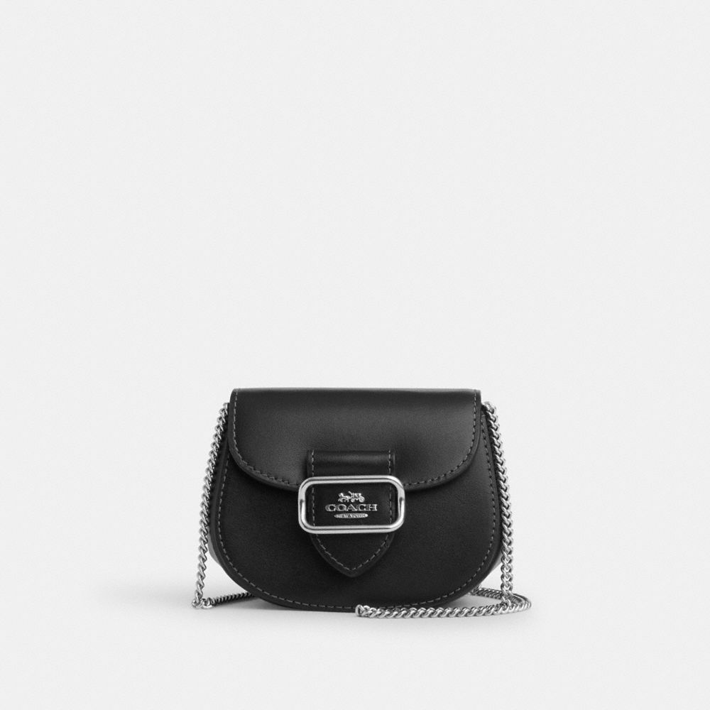 COACH®,MORGAN CARD CASE ON A CHAIN,Smooth Leather,Mini,Silver/Black,Front View