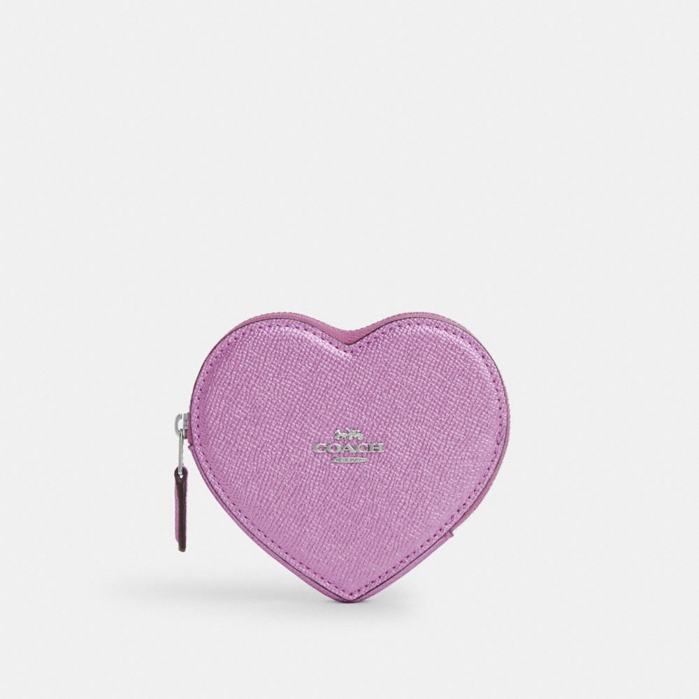 COACH®,HEART COIN CASE,Novelty Leather,Mini,Silver/Metallic Lilac,Front View
