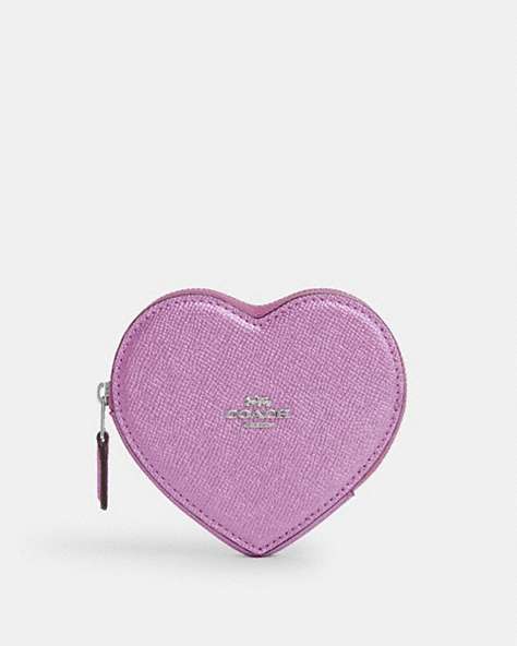 COACH®,HEART COIN CASE,Leather,Mini,Silver/Metallic Lilac,Front View