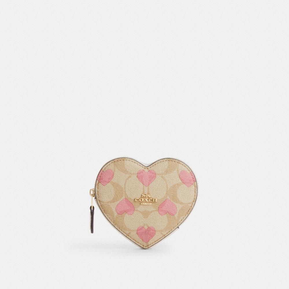 COACH®,HEART COIN CASE IN SIGNATURE CANVAS WITH HEART PRINT,Signature Canvas,Mini,Gold/Light Khaki Chalk Multi,Front View