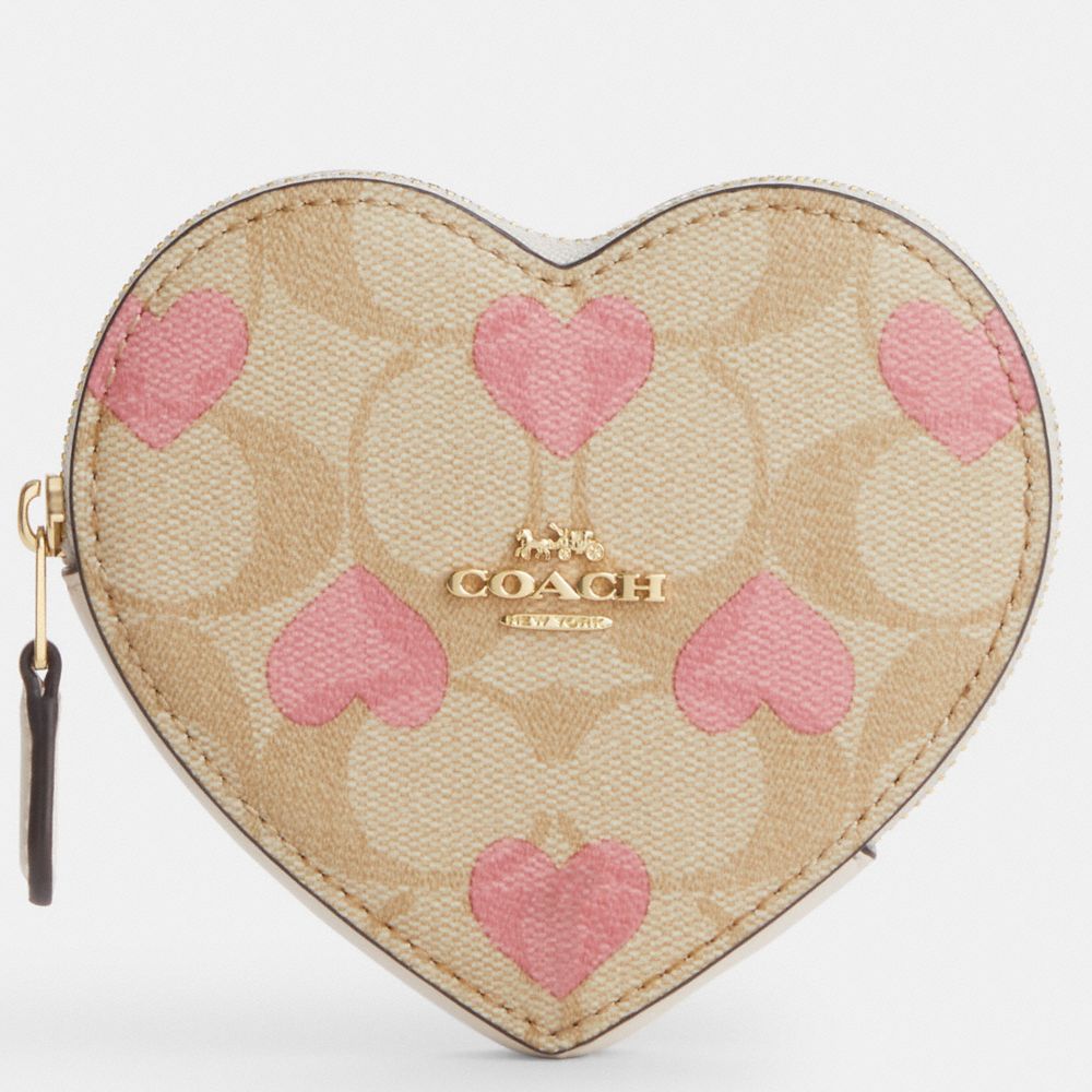 COACH®,HEART COIN CASE IN SIGNATURE CANVAS WITH HEART PRINT,Signature Canvas,Mini,Gold/Light Khaki Chalk Multi