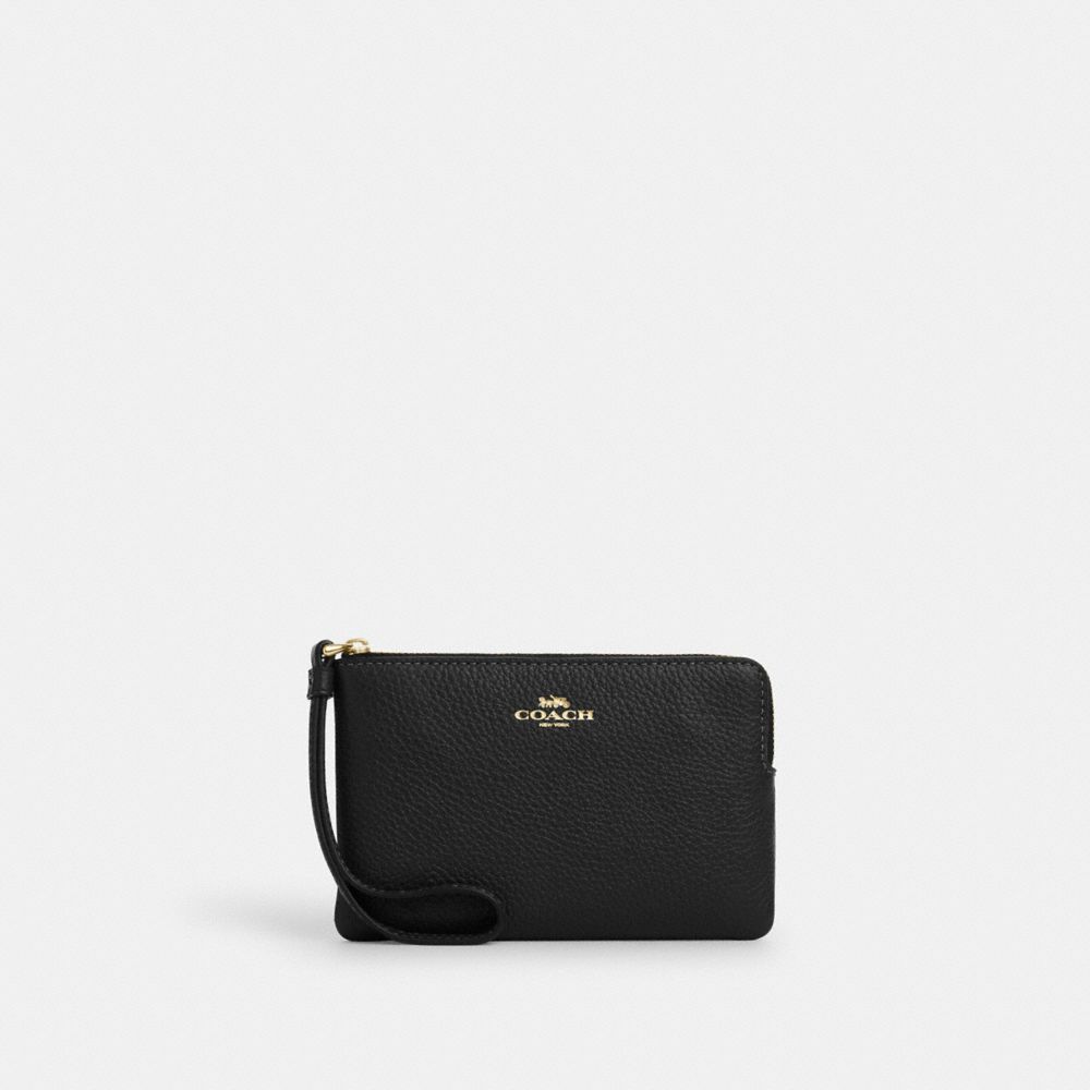 COACH®,CORNER ZIP WRISTLET,Pebbled Leather,Gold/Black,Front View