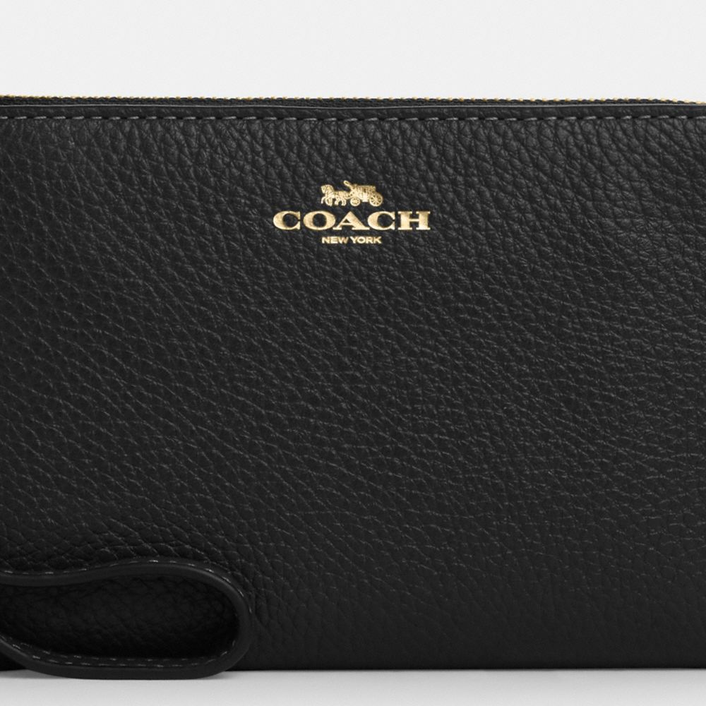 COACH®,WRISTLET À ZIP EN COIN,Cuir maroquiné,Or/Noir