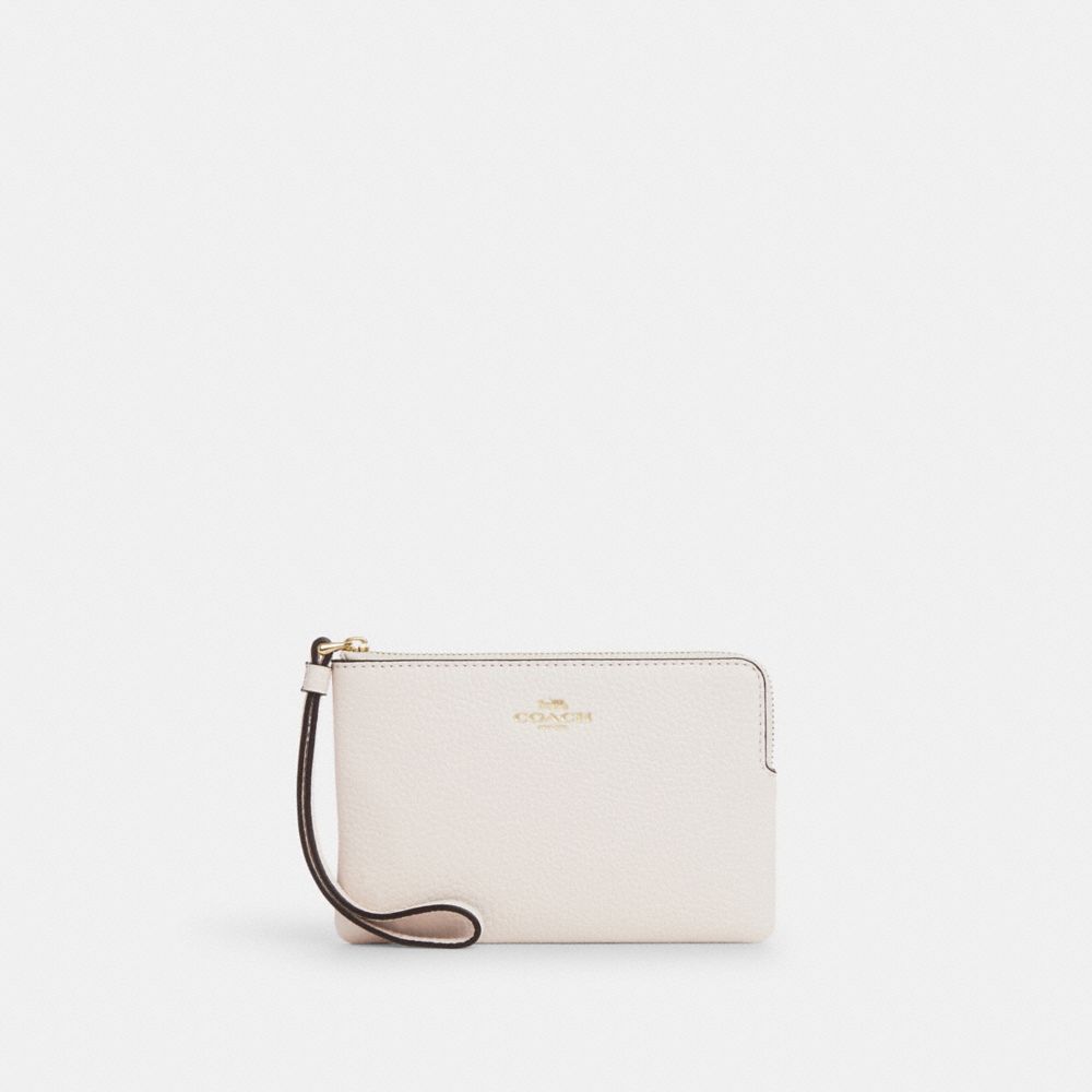 COACH®,CORNER ZIP WRISTLET,Pebbled Leather,Gold/Chalk,Front View