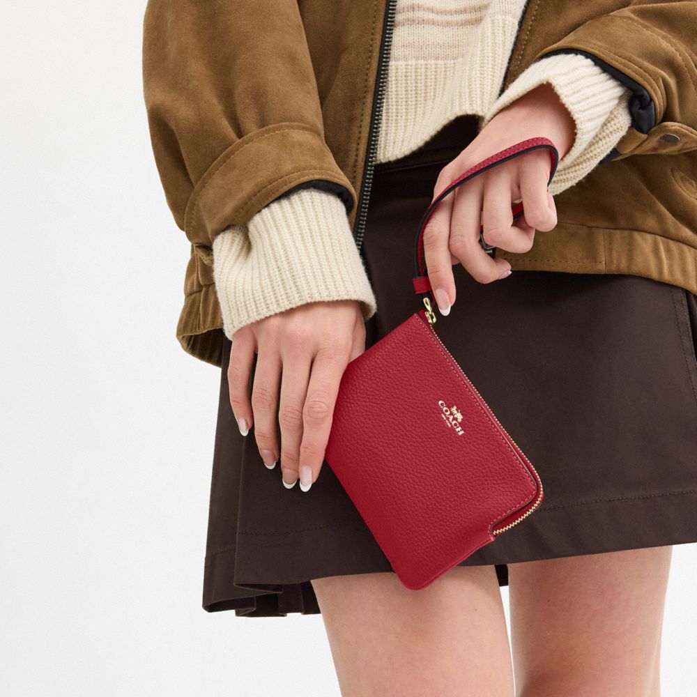 COACH®,Corner Zip Wristlet,Wristlet,Pouch,Silver Metal,Casual,Maroon,Detail View