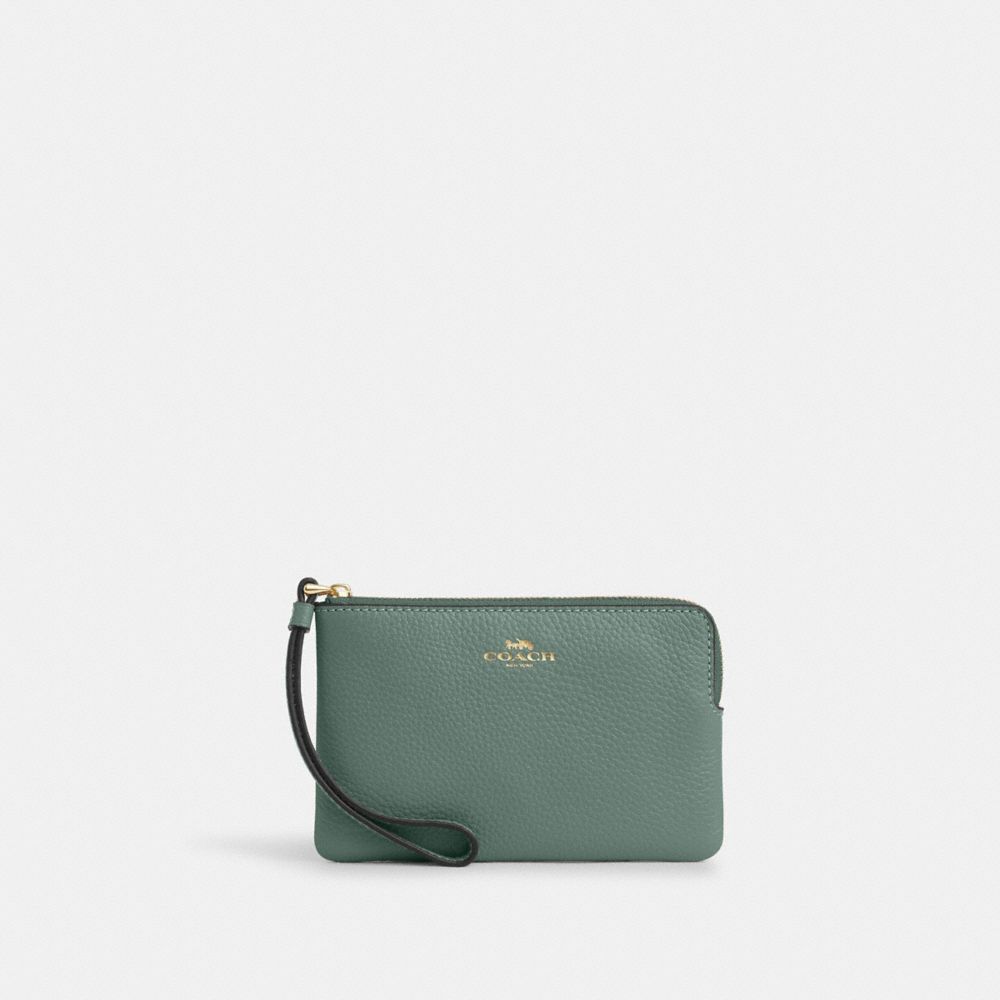 COACH®,WRISTLET À ZIP EN COIN,Cuir galet,Or/Sauge,Front View