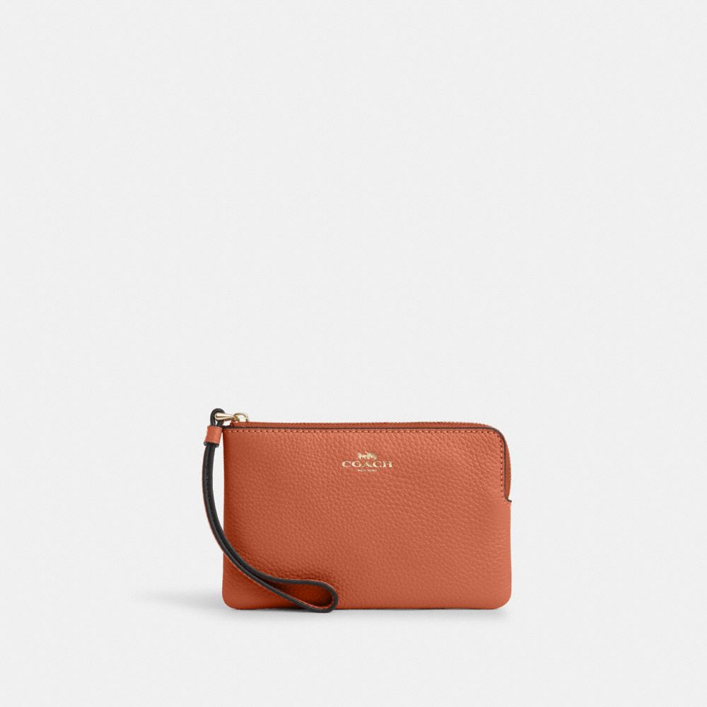 COACH®,CORNER ZIP WRISTLET,Pebbled Leather,Mini,Im/Sunset,Front View