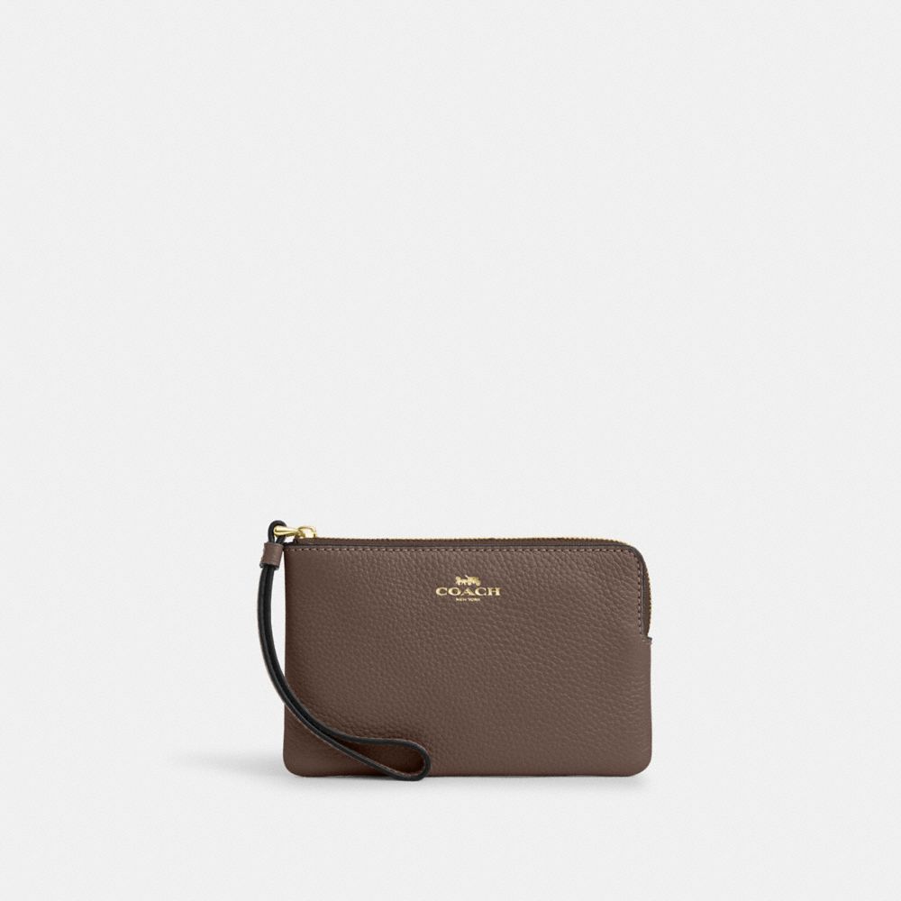 COACH®,WRISTLET À ZIP EN COIN,Cuir galet,Or/Pierre foncée,Front View