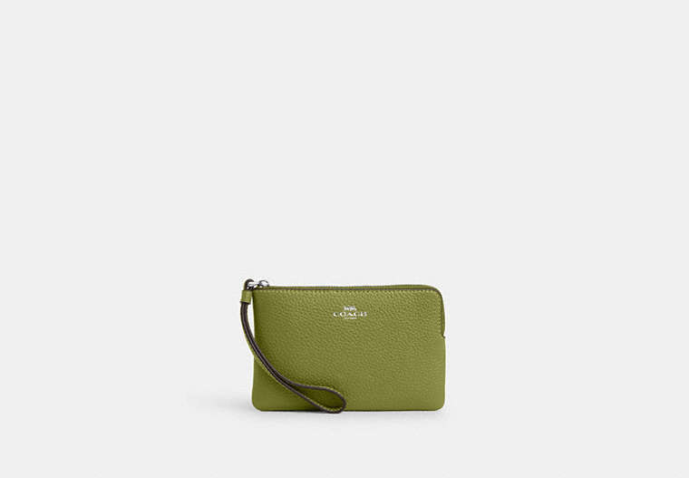 COACH®,CORNER ZIP WRISTLET,Pebbled Leather,Mini,Silver/Yellow Green,Front View