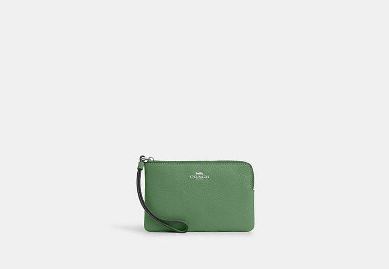COACH®,CORNER ZIP WRISTLET,Pebbled Leather,Mini,Silver/Soft Green,Front View