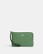 COACH®,CORNER ZIP WRISTLET,Pebbled Leather,Mini,Silver/Soft Green,Front View