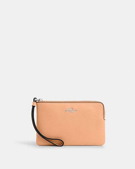 COACH®,CORNER ZIP WRISTLET,Pebbled Leather,Mini,Sv/Faded Blush,Front View
