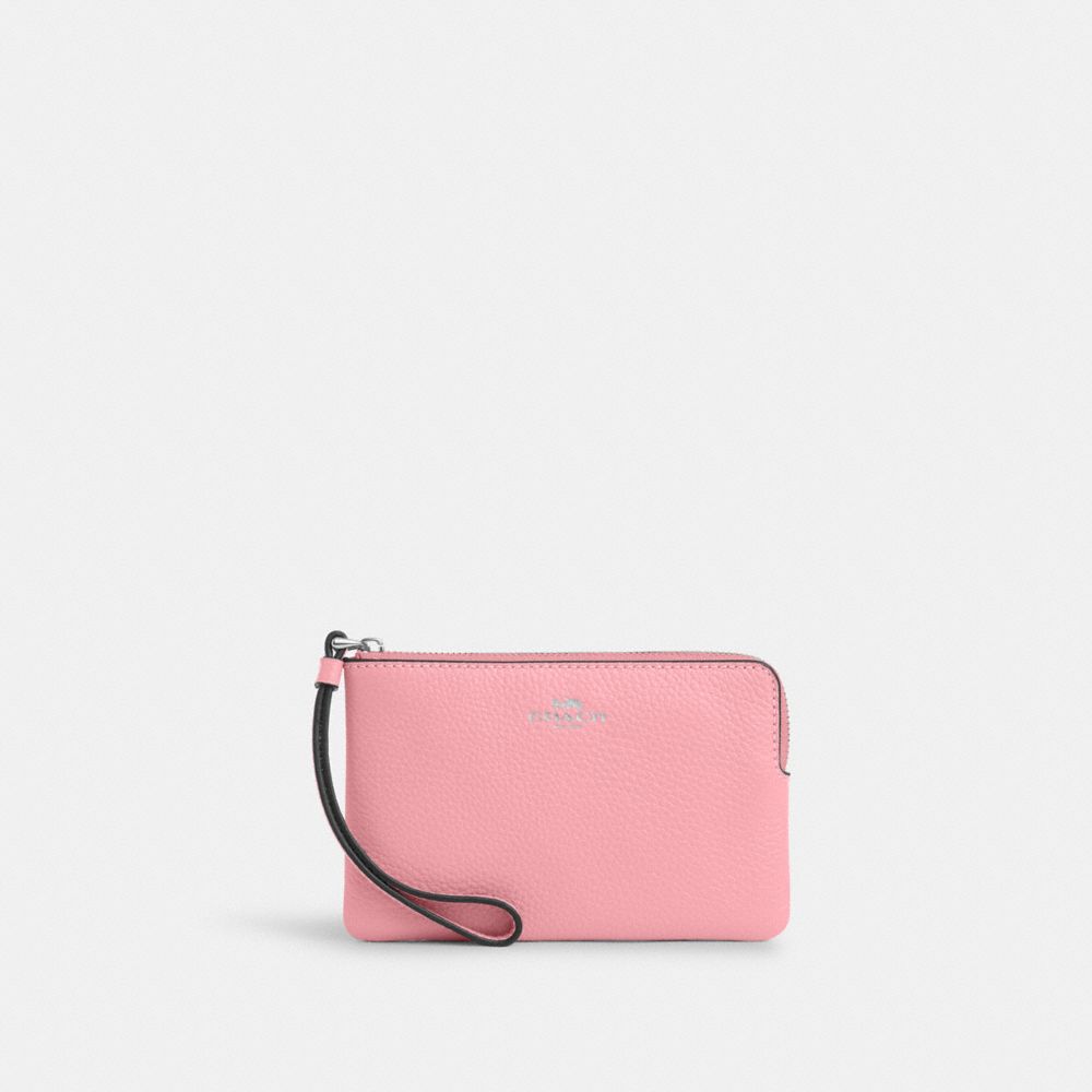 COACH®,CORNER ZIP WRISTLET,Pebbled Leather,Mini,Silver/Flower Pink,Front View