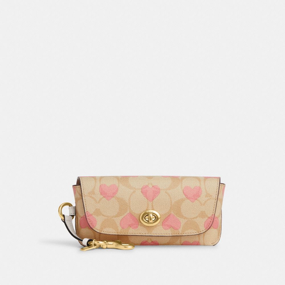 COACH®,SUNGLASS CASE IN SIGNATURE CANVAS WITH HEART PRINT,Mini,Gold/Light Khaki Chalk Multi,Front View