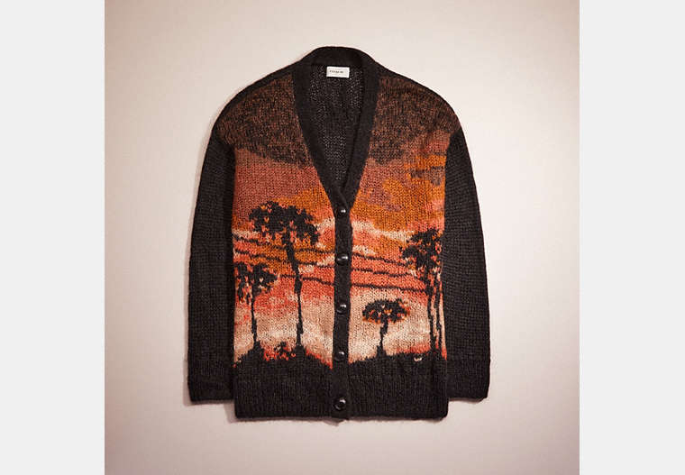 COACH®,RESTORED PALM TREE INTARSIA CARDIGAN,Brown,Front View