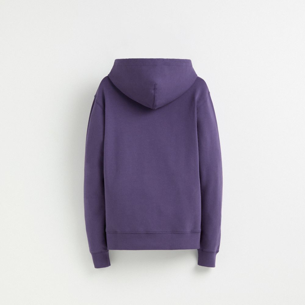 COACH®,Restored Horse And Carriage Hoodie In Organic Cotton,Organic Cotton,Sweatshirt,Sweater,Drawstring,Sustainable,Casual,Purple,Back View