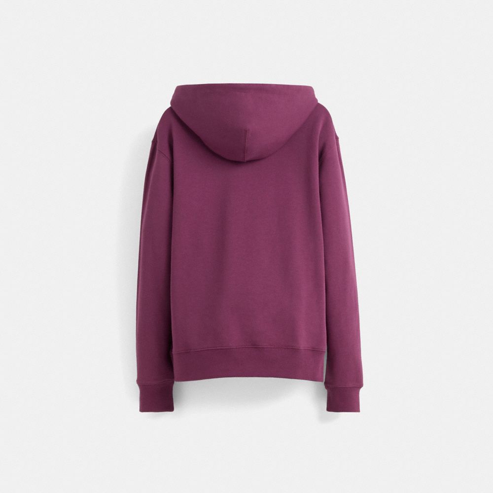 COACH®,Restored Horse And Carriage Hoodie In Organic Cotton,Organic Cotton,Sweatshirt,Drawstring,Casual,Purple,Back View