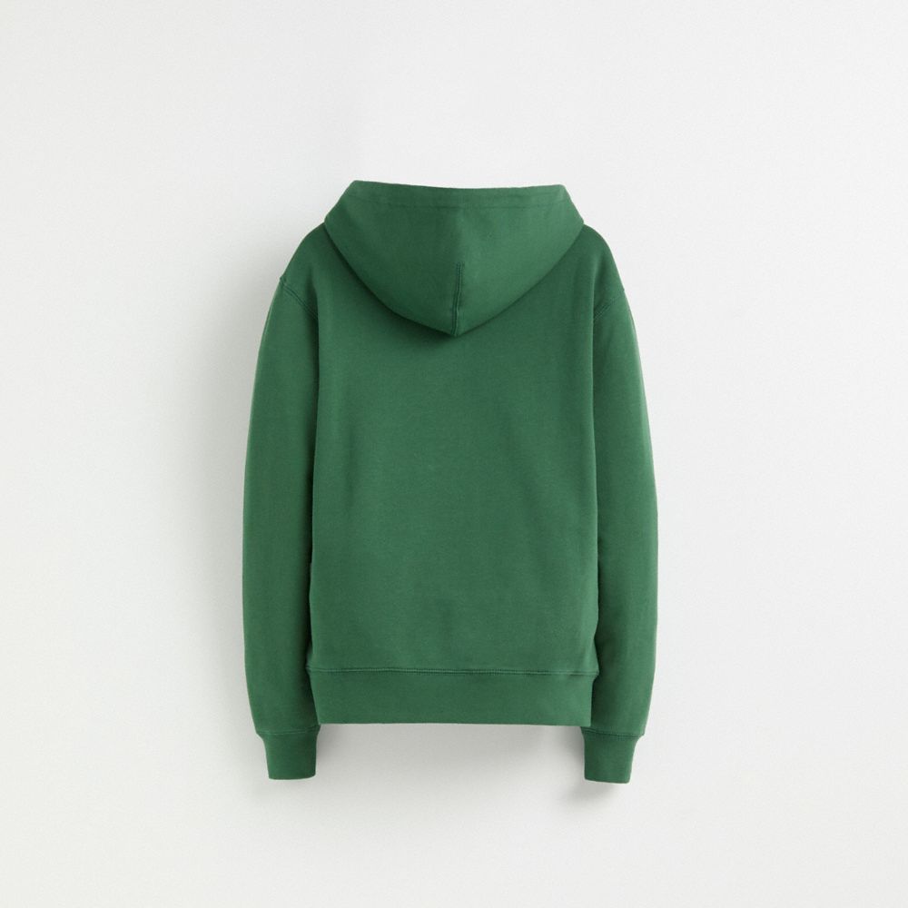 COACH®,Restored Horse And Carriage Hoodie In Organic Cotton,Organic Cotton,Sweatshirt,Drawstring,Casual,Green,Back View