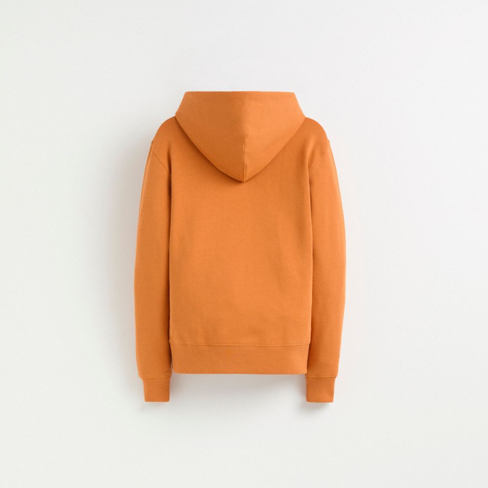 COACH®,Restored Horse And Carriage Hoodie In Organic Cotton,Organic Cotton,Sweatshirt,Drawstring,Casual,Orange,Back View