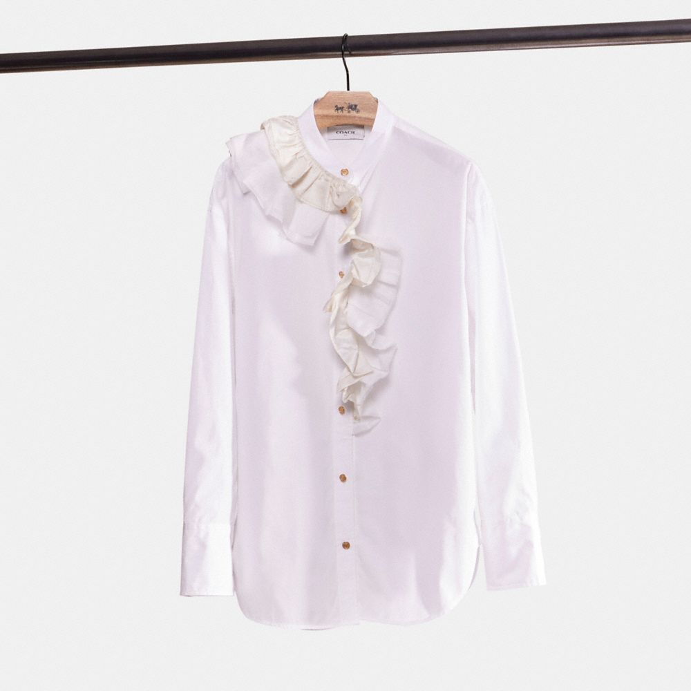 COACH®,Restored Ruffle Shirt,Cotton,Button Down,Blouse,Layered,Mixed Media,Ruffles,Day Party,White,Front View
