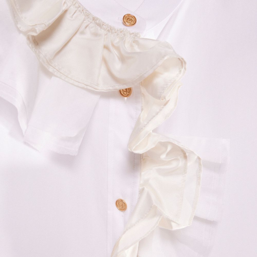 COACH®,Restored Ruffle Shirt,Cotton,Button Down,Blouse,Layered,Mixed Media,Ruffles,Day Party,White,Scale View
