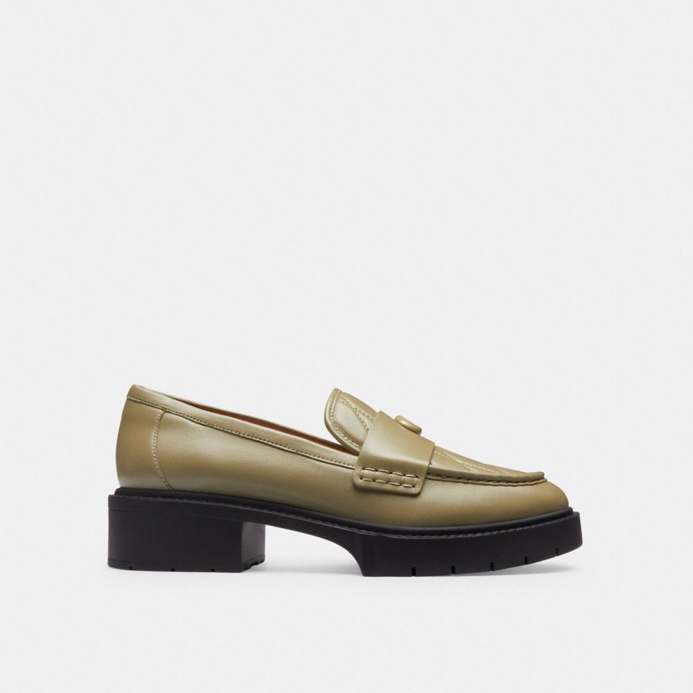 COACH®,LEAH LOAFER WITH QUILTING,Leather,Moss,Angle View