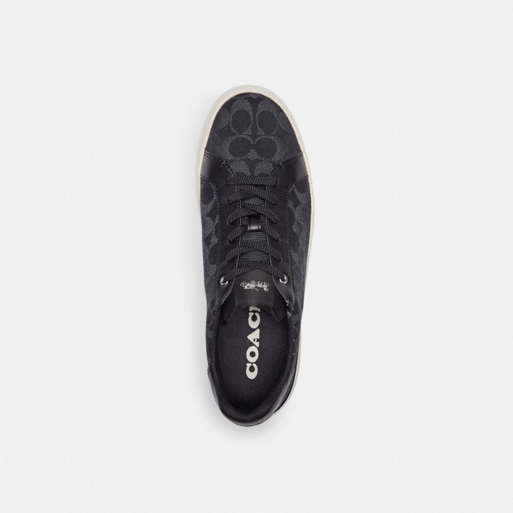 COACH®,Clip Low Top Sneaker In Signature Denim,Denim,Leather,Casual,Logo,Casual,Black,Inside View,Top View