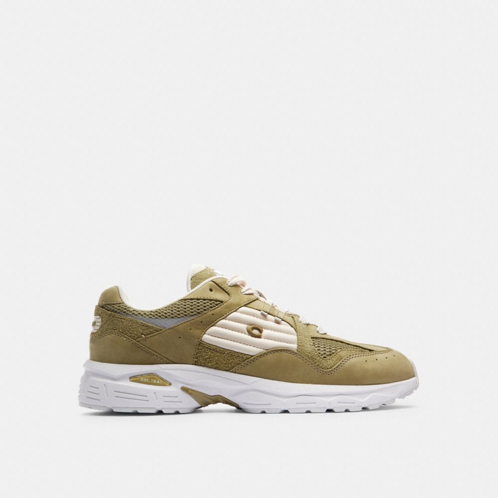 COACH®,C301 Sneaker,Mesh,Rubber,Leather,Suede,Casual,Fabric,Perforated,Logo,Quilted,Color Block,Traction,Running,Olive,Angle View