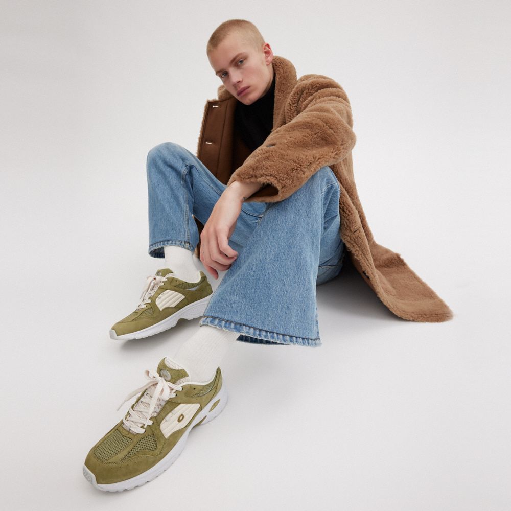 COACH®,C301 Sneaker,Rubber,Suede,Activewear,Fabric,Perforated,Logo,Mixed Media,Quilted,Color Block,Cushioned,Activewear,Olive,Detail View
