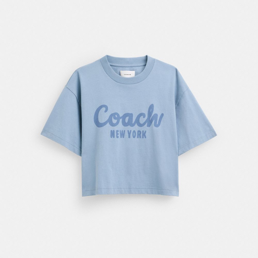 COACH®,CURSIVE SIGNATURE CROPPED T-SHIRT,cotton,Blue,Front View image number 0